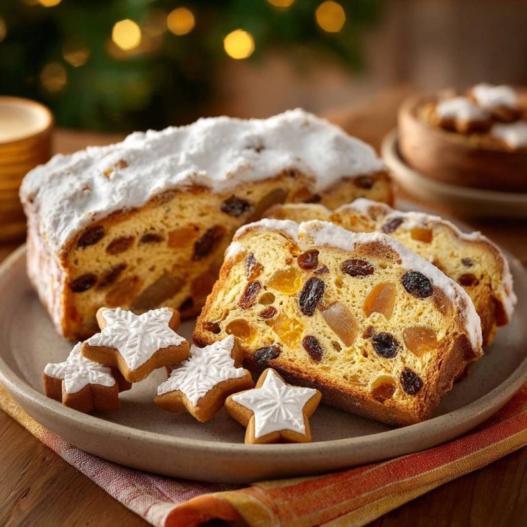 Klassischer Christstollen mit Marzipan, angeschnitten auf einem Teller mit Weihnachtsplätzchen und beleuchtetem Weihnachtsbaum im Hintergrund.