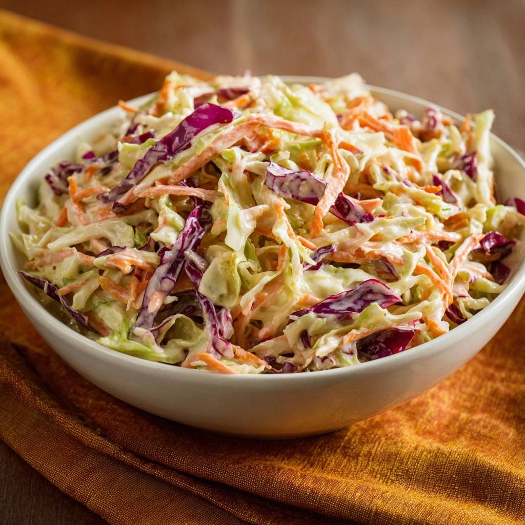 Klassischer cremiger Coleslaw, eine Nahaufnahme der cremigen Mischung aus Weißkohl, Rotkohl und Karotten, präsentiert in einer weißen Schüssel.