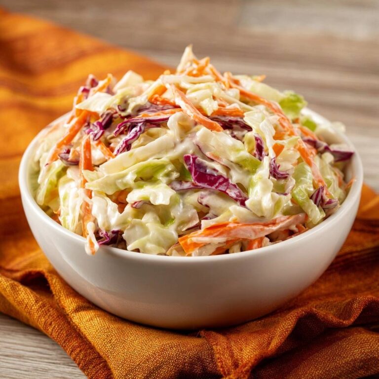 Klassischer cremiger Coleslaw in einer weißen Schüssel, Nahaufnahme der cremigen Textur und der fein geschnittenen Kohl- und Karottenstreifen.