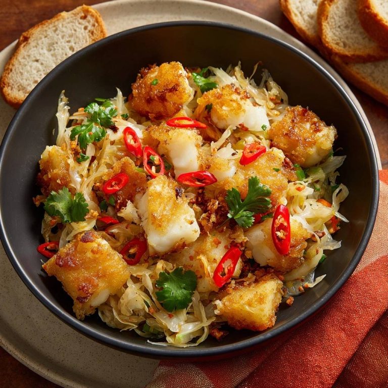 Knusprige Kabeljau-Bites auf Chili-Kohl in einer Schüssel serviert, mit frischer Petersilie und Chilis garniert.