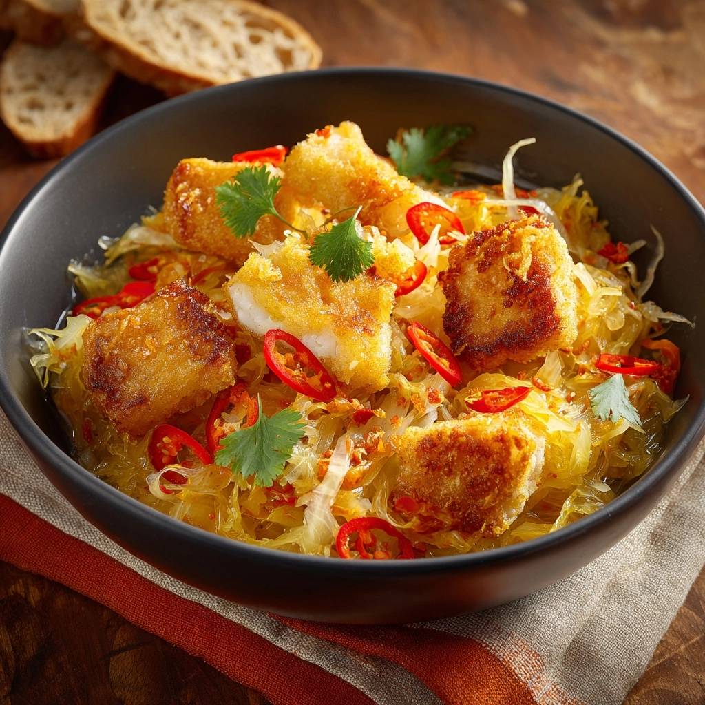 Knusprige Kabeljau-Bites auf Chili-Kohl in einer Schüssel, Nahaufnahme mit frischen Kräutern und Chilischeiben garniert.