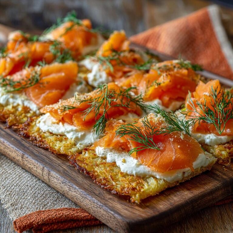 Knusprige Kartoffel-Rösti-Schnitten mit Räucherlachs, serviert auf einem Holzbrett mit Dill garniert in Nahaufnahme.