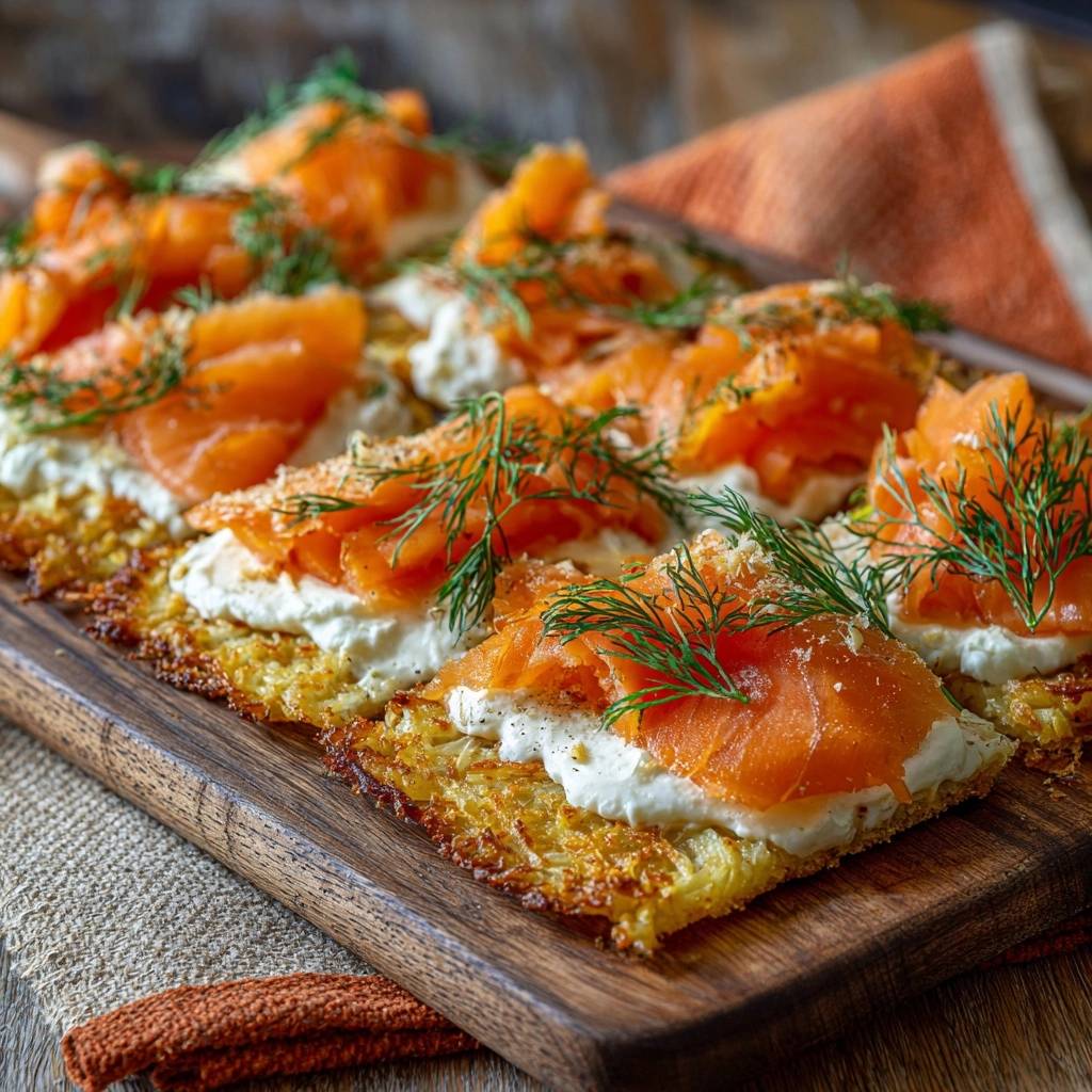 Knusprige Kartoffel-Rösti-Schnitten mit Räucherlachs, serviert auf einem Holzbrett mit Dill garniert in Nahaufnahme.
