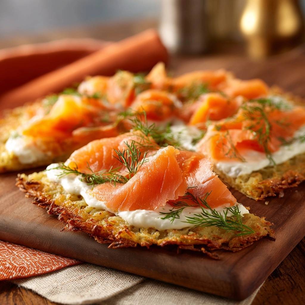 Knusprige Kartoffel-Rösti-Schnitten mit Räucherlachs und Dill, nahaufnahme auf einem Holzbrett