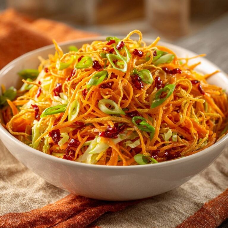 Knuspriger Karotten-Kohlsalat mit einer detailreichen Nahaufnahme der Garnitur aus Frühlingszwiebeln und Cranberries.