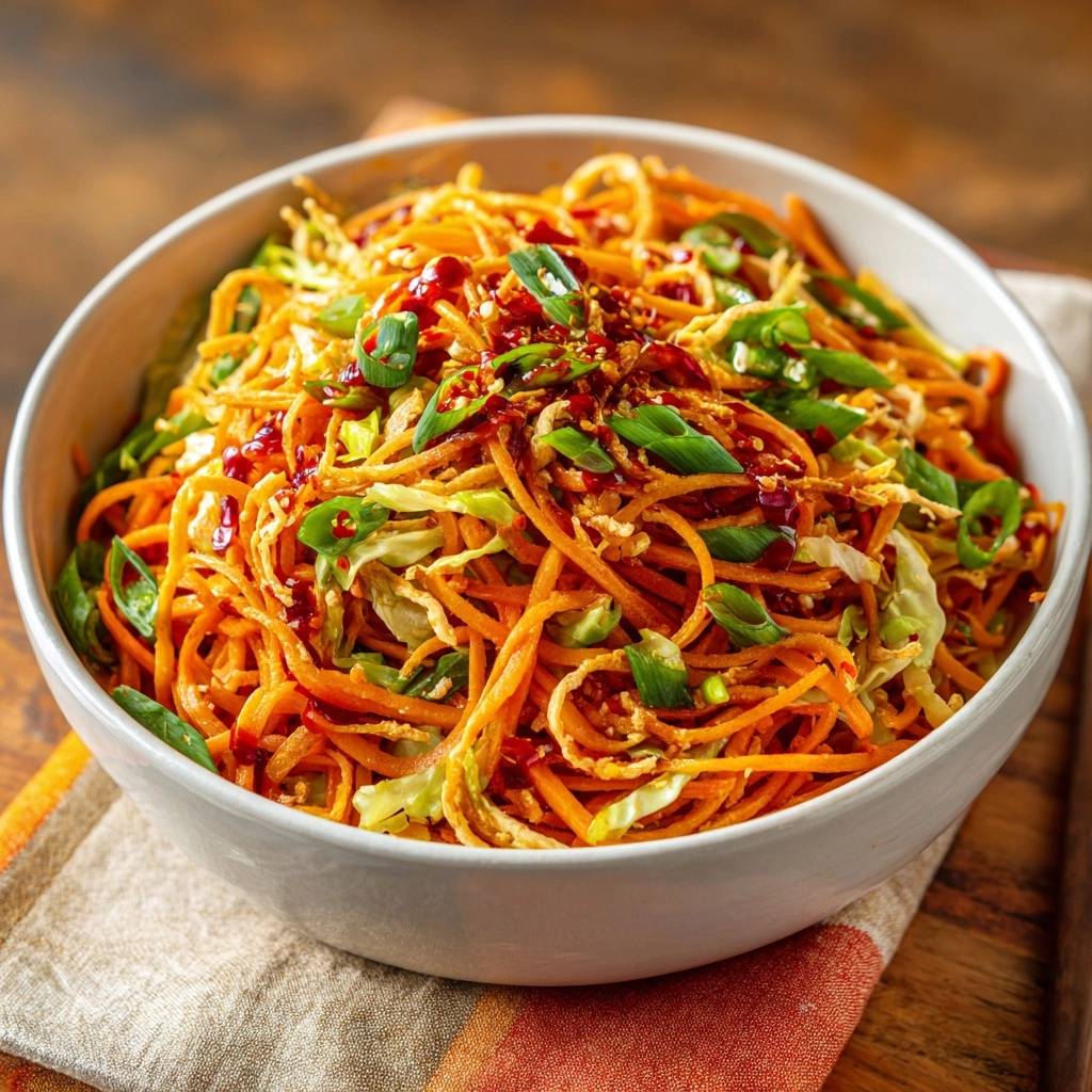 Knuspriger Karotten-Kohlsalat als Nahaufnahme mit Frühlingszwiebeln und Sauce garniert in einer weißen Schüssel.