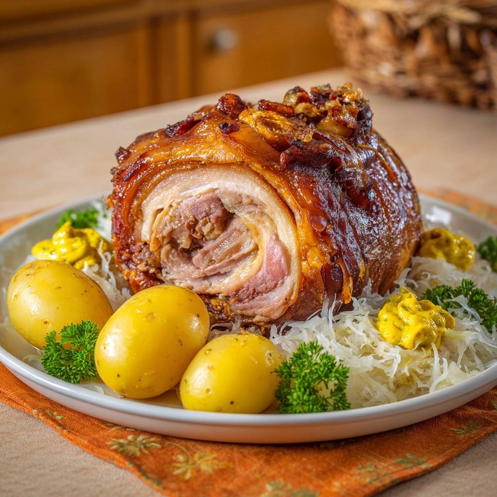 Knuspriger Schweinerollbraten mit Sauerkraut, serviert mit Kartoffeln und Senf, zeigt einen angeschnittenen Blick auf das saftige Innere.