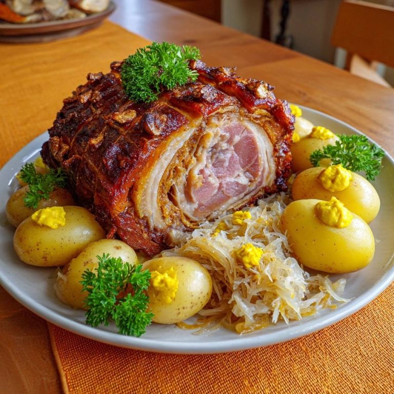 Knuspriger Schweinerollbraten mit Sauerkraut, serviert mit kleinen Kartoffeln und einem Klecks Senf, Nahaufnahme.