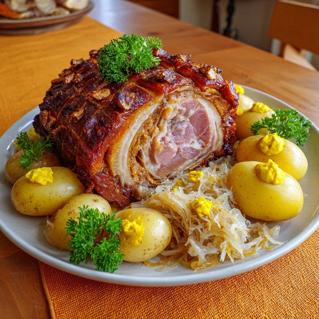 Knuspriger Schweinerollbraten mit Sauerkraut, serviert mit kleinen Kartoffeln und einem Klecks Senf, Nahaufnahme.