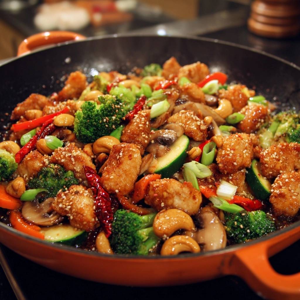 Knuspriges Sesam-Hähnchen mit Cashews in einer Pfanne mit Brokkoli, Pilzen und Paprika, Nahaufnahme der Zutaten