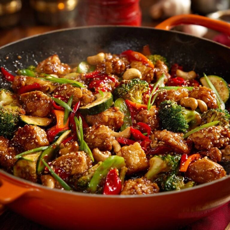 Knuspriges Sesam-Hähnchen mit Cashews, Nahaufnahme des gebratenen Gerichts in einer Pfanne mit Gemüse und Sesam.