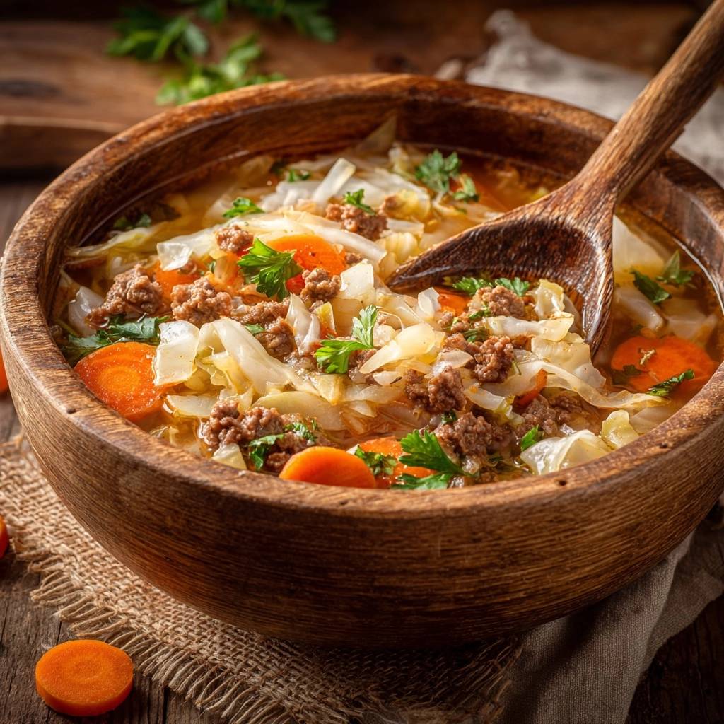 Herzhafter Kohl-Hackfleisch-Eintopf in einer rustikalen Holzschale mit einem Holzlöffel, Nahaufnahme der Zutaten.