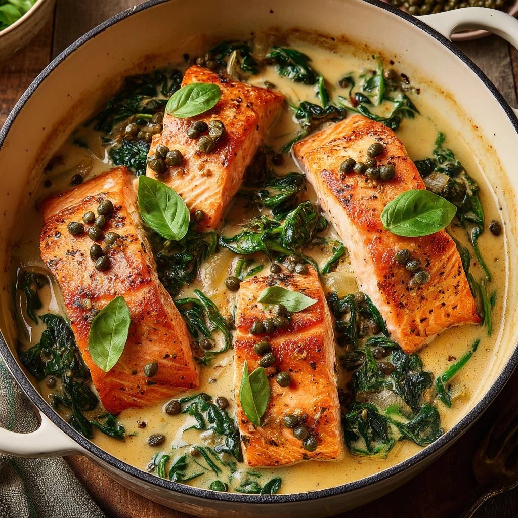 Lachs in cremiger Spinat-Zitronen-Sauce, nahaufnahme von den mit Kapern und Basilikum garnierten Lachsfilets in der Sauce