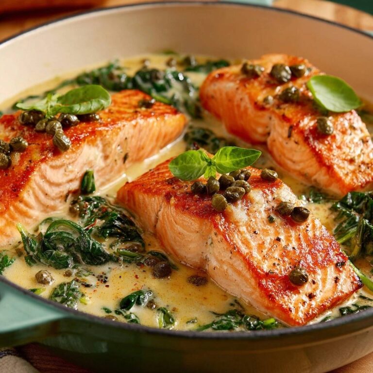 Lachs in cremiger Spinat-Zitronen-Sauce mit Kapern und Basilikum garniert, nahaufnahme der saftigen Fischstücke.
