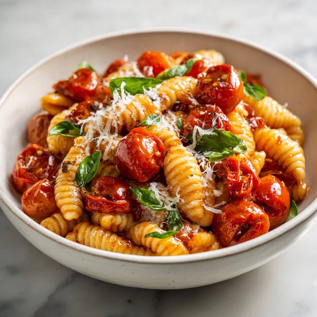 Mediterrane Gnocchi mit Rösttomaten, nahaufnahme der Gnocchi mit Kirschtomaten und Basilikum garniert.