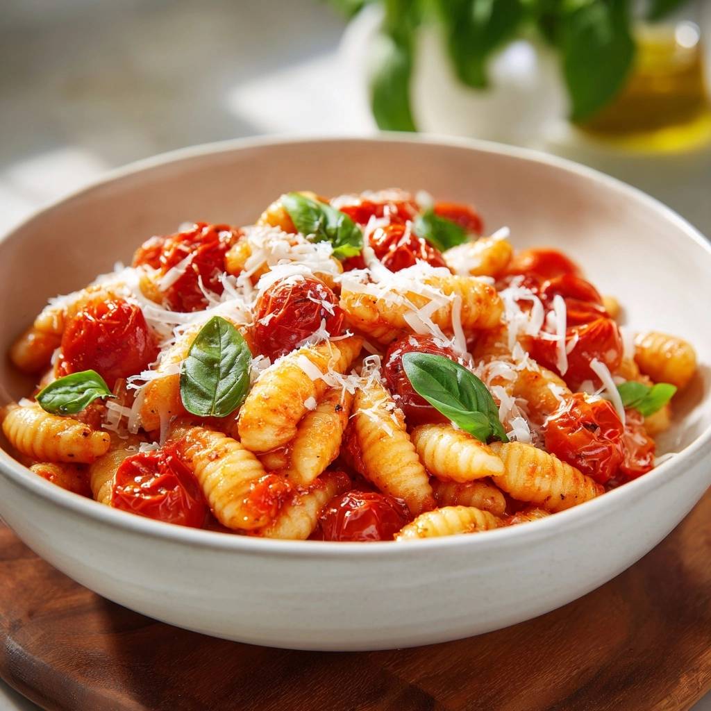 Mediterrane Gnocchi mit Rösttomaten, garniert mit Basilikum und Parmesan, in einer weißen Schüssel serviert.