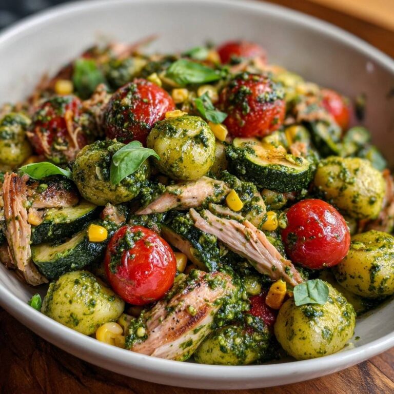 Mediterrane Gnocchi-Pfanne mit Pesto und Hähnchen, nahaufnahme der Gnocchi, Tomaten und Zucchini mit Pesto übergossen.