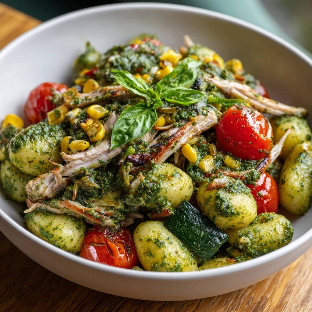 Mediterrane Gnocchi-Pfanne mit Pesto und Hähnchen, Nahaufnahme der Gnocchi mit Pesto, Tomaten, Mais und Hähnchenfleisch.