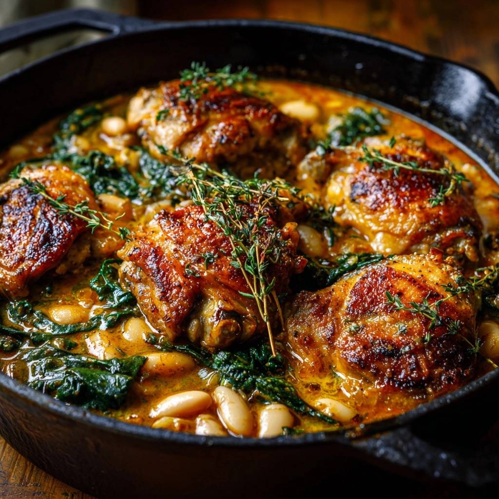 Mediterrane Hähnchenpfanne mit weißen Bohnen und Spinat, Nahaufnahme mit frischen Kräutern garniert.