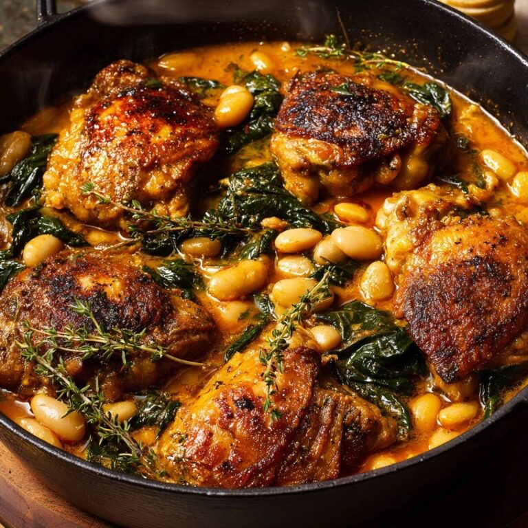 Mediterrane Hähnchenpfanne mit weißen Bohnen & Spinat als Nahaufnahme mit frischen Kräutern garniert.