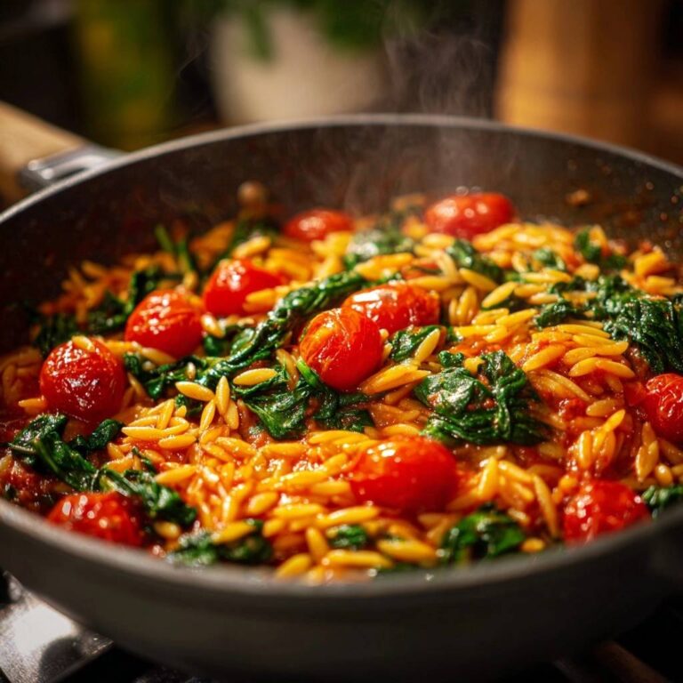Mediterrane Orzo-Pfanne mit Kirschtomaten, die in einer Pfanne dampfend zubereitet wird.