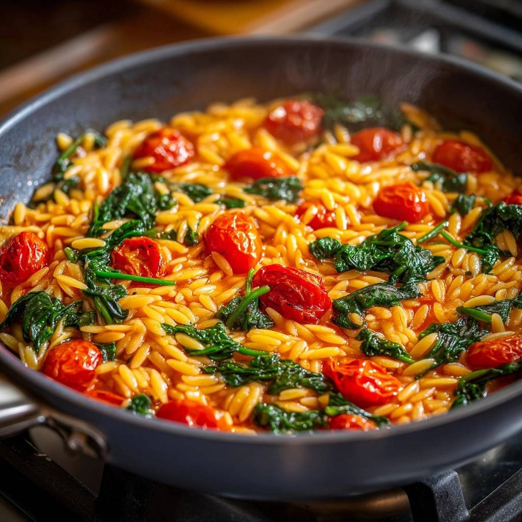 Mediterrane Orzo-Pfanne mit Kirschtomaten, eine Nahaufnahme in einer Pfanne mit dampfendem Essen.
