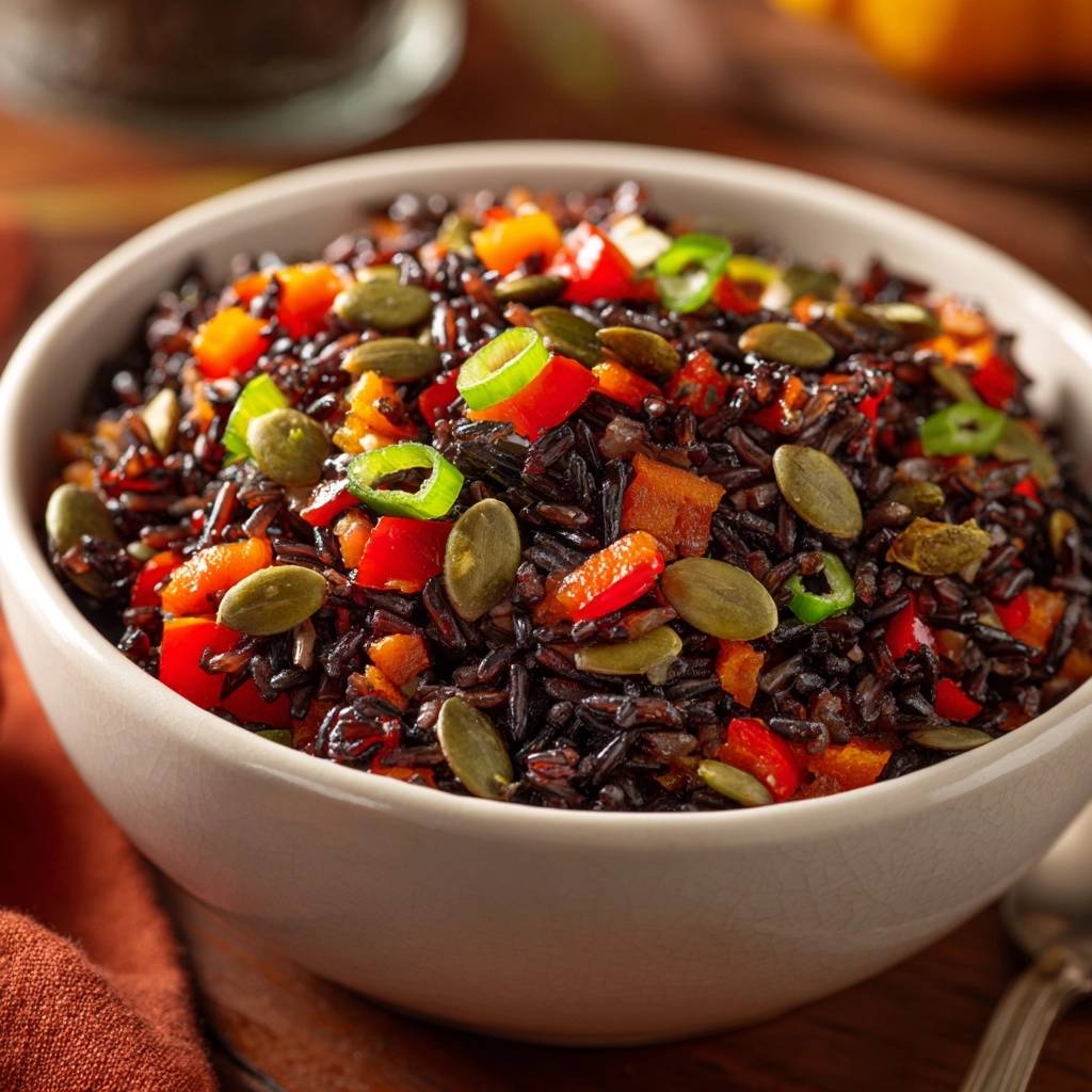 Mediterrane Schwarze Reispfanne mit lebendiger Garnitur aus Paprika, Frühlingszwiebeln und Kürbiskernen, Nahaufnahme.