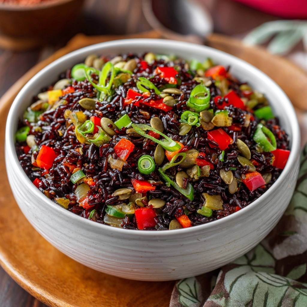 Mediterrane Schwarze Reispfanne, eine Nahaufnahme der gefüllten Reisschüssel mit frischen Kräutern und Gemüse, die die Textur hervorhebt.