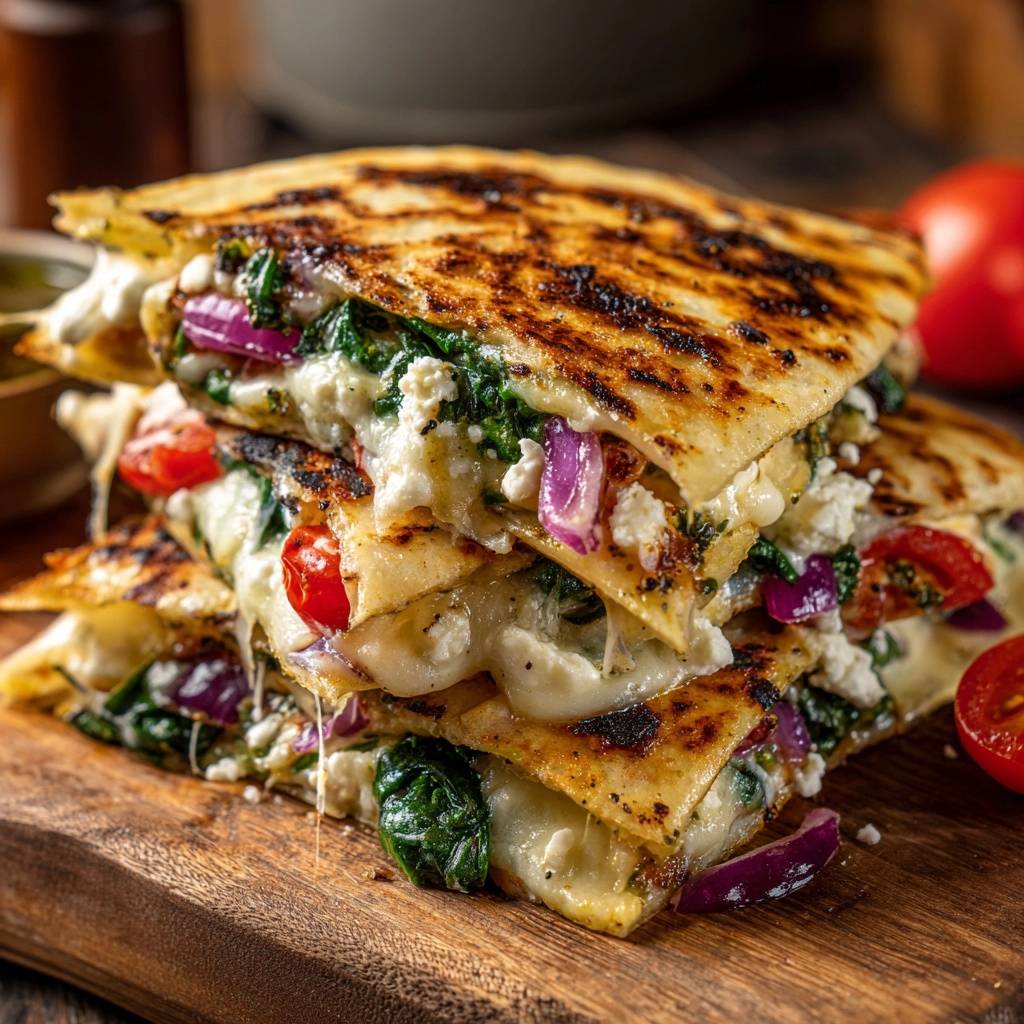 Mediterrane Spinat-Feta-Quesadillas im Detail als angeschnittener Stapel mit geschmolzenem Käse und frischen Zutaten.