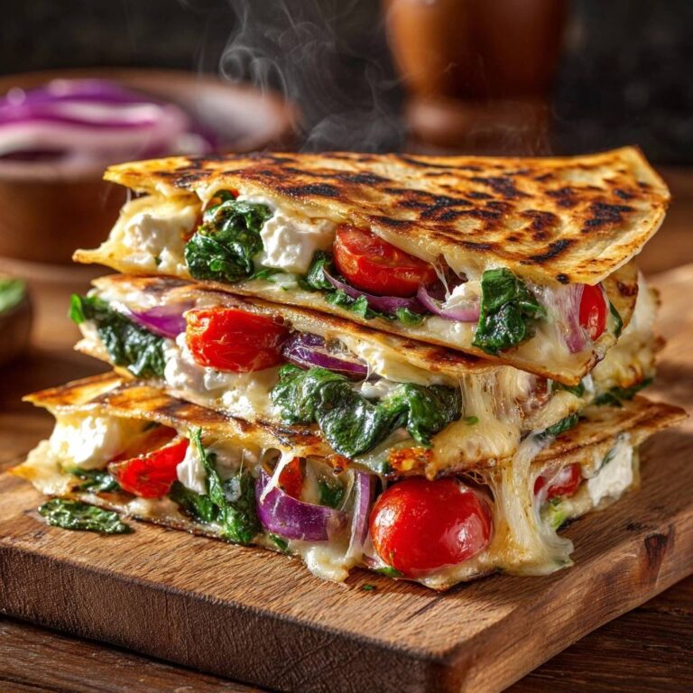 Mediterrane Spinat-Feta-Quesadillas gestapelt, die innen mit geschmolzenem Käse, Spinat, Tomaten und Zwiebeln gefüllt sind.