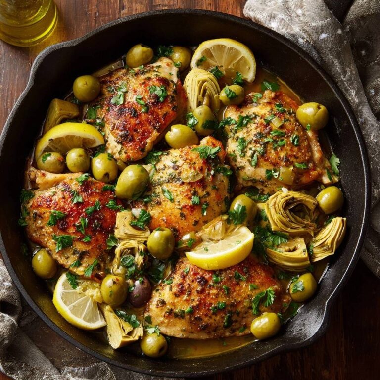 Mediterrane Zitronen-Hähnchen-Pfanne von oben in einer Gusseisenpfanne mit Oliven und Artischocken, garniert mit Petersilie