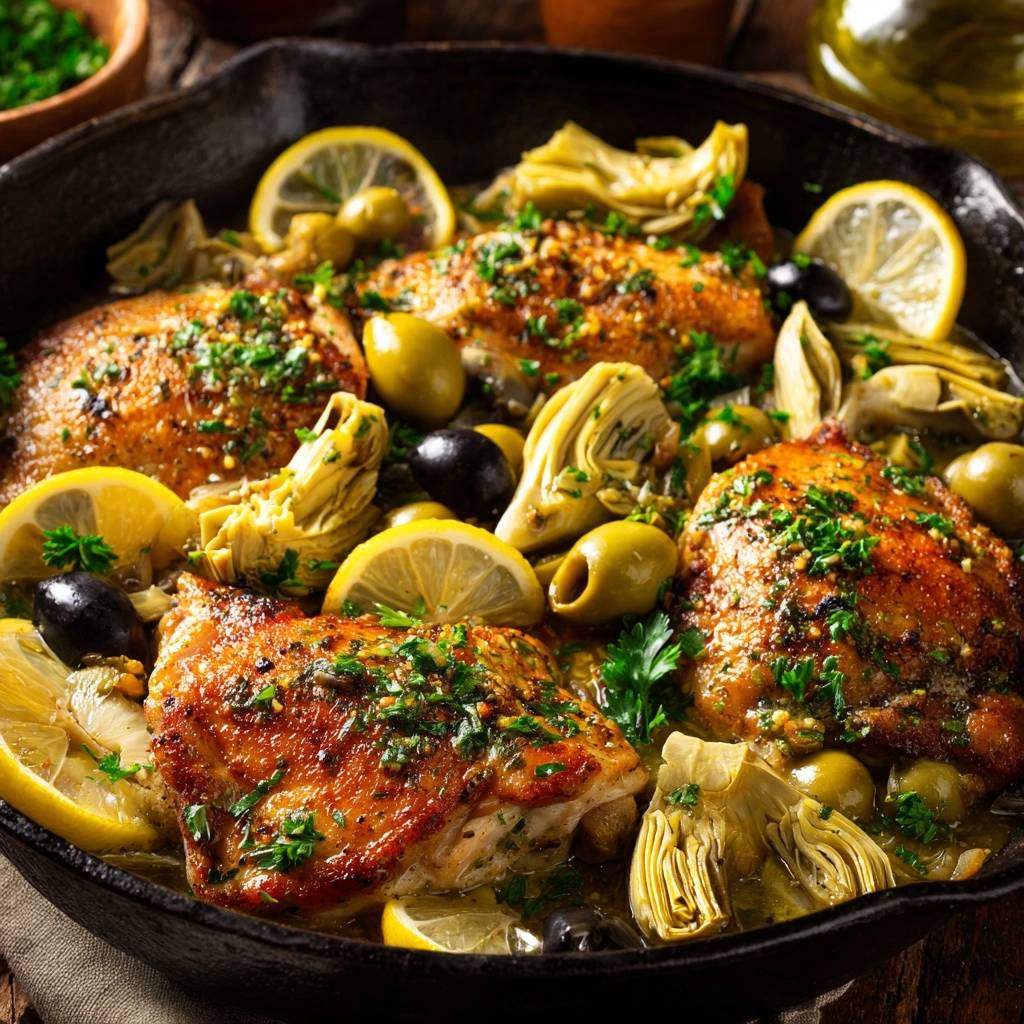 Mediterrane Zitronen-Hähnchen-Pfanne mit Artischocken, Oliven und Zitrone, mit frischer Petersilie garniert.
