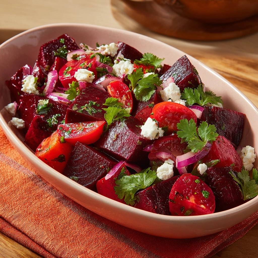 Mediterraner Rote-Bete-Salat mit Feta, nahaufnahme der frischen Zutaten und des Käses in einer Schüssel.