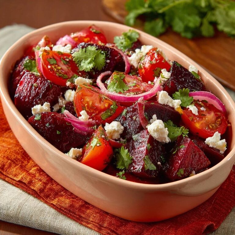 Mediterraner Rote-Bete-Salat mit Feta, Nahaufnahme der Zutaten wie Rote Bete, Tomaten, rote Zwiebeln und Feta-Käse.