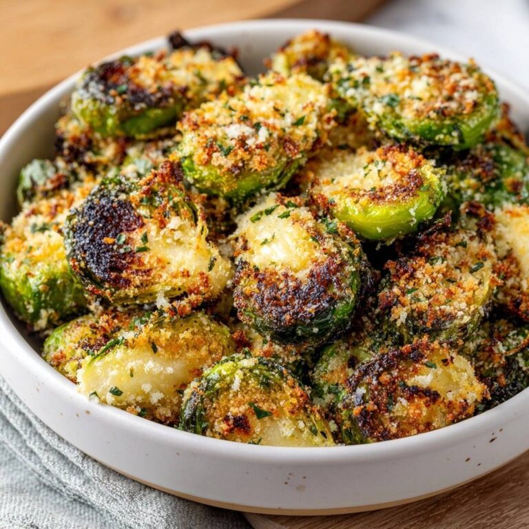 Parmesan-Rosenkohl aus dem Ofen als Nahaufnahme mit knuspriger Panade und Petersilie garniert