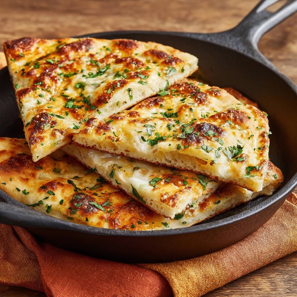 Pfannen-Knoblauchbrot mit Mozzarella im Querschnitt, belegt mit frischer Petersilie und geschmolzenem Käse.