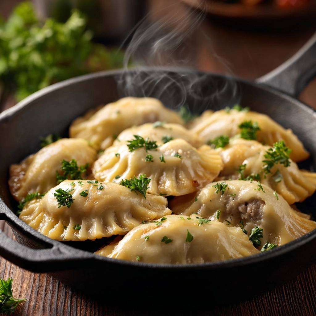 Goldbraune Pfannen-Pierogi werden heiss in einer Pfanne mit frischen Kräutern garniert serviert.