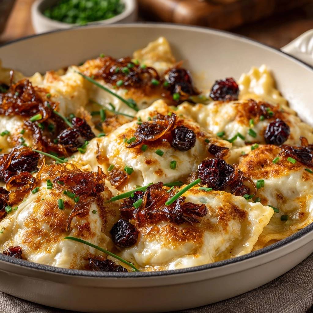 Pfannengebratene Ravioli in cremiger Salbeibutter, garniert mit Röstzwiebeln und Cranberries, Nahaufnahme