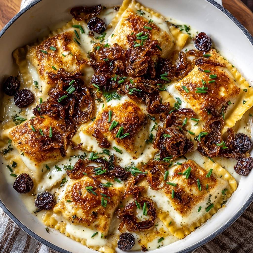 Pfannengebratene Ravioli in cremiger Salbeibutter, eine Draufsicht des Gerichts mit karamellisierten Zwiebeln und Kräutern garniert.