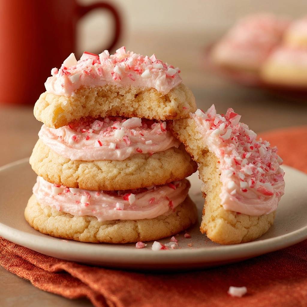 Soft-Baked Pfefferminz-Cookies angeschnitten mit rosa Zuckerguss und zerkleinerten Pfefferminzbonbons garniert.