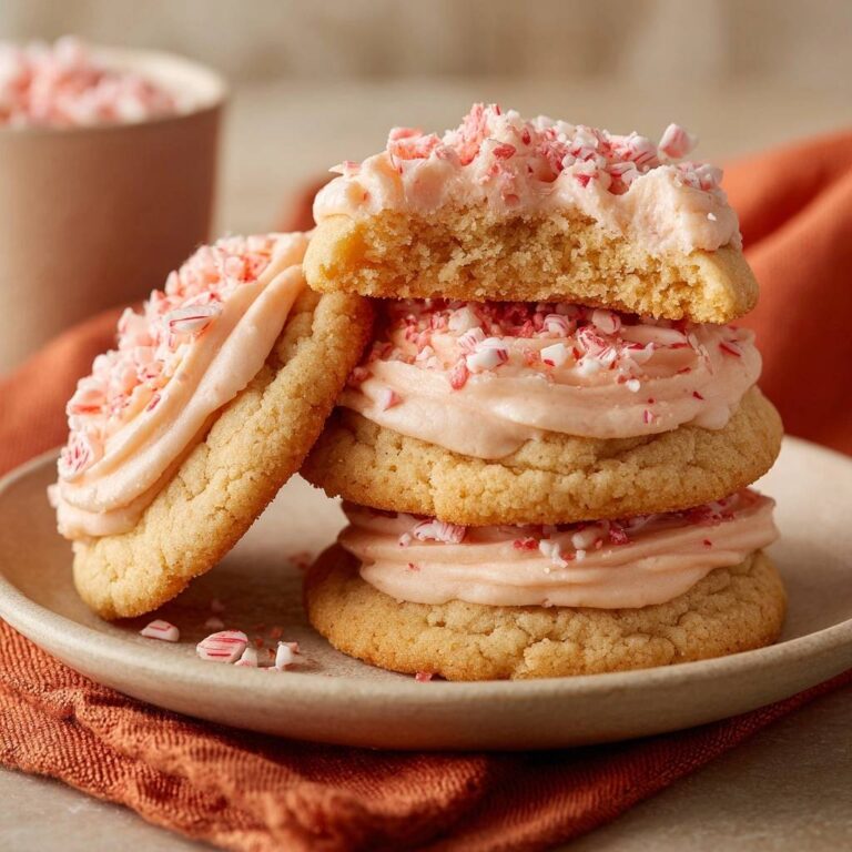 Soft-Baked Pfefferminz-Cookies im Stapel mit rosa Zuckerguss und zerstoßenen Pfefferminzbonbons als Topping.