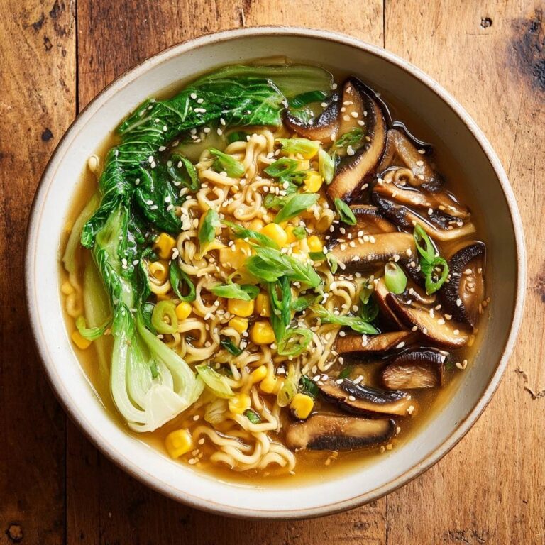 Herzhafte Pilz-Ramen mit Pak Choi als Draufsicht, garniert mit Frühlingszwiebeln und Sesam.
