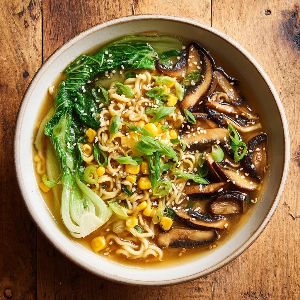 Herzhafte Pilz-Ramen mit Pak Choi als Draufsicht, garniert mit Frühlingszwiebeln und Sesam.