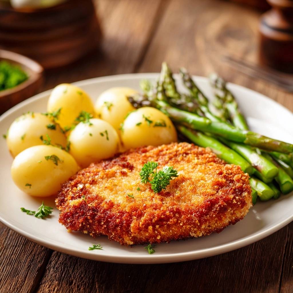 Goldbraunes Putenschnitzel mit Spargel und Kartoffeln, auf einem Teller serviert mit frischer Petersilie garniert.