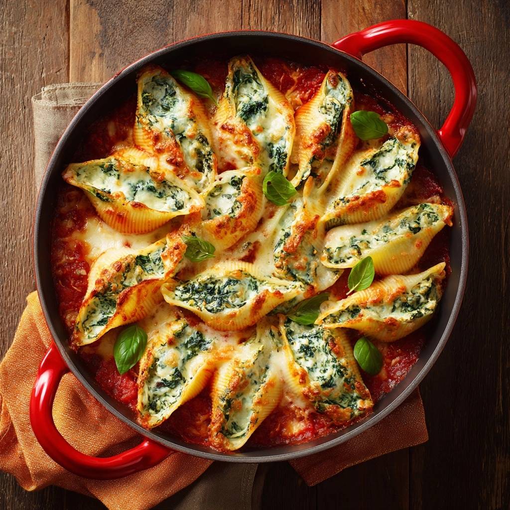 Ricotta-Spinat-Muscheln aus dem Ofen als Draufsicht in einer roten Pfanne mit geschmolzenem Käse und Basilikum garniert.
