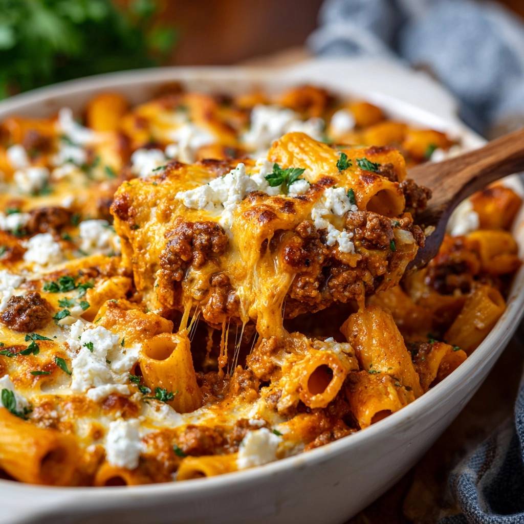 Herzhafter Rigatoni-Auflauf wird mit einem Holzkochlöffel aus der Auflaufform gehoben, Käse zieht Fäden.
