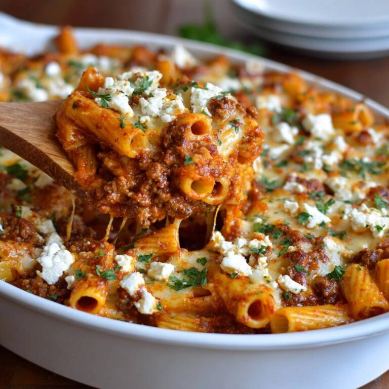 Herzhafter Rigatoni-Auflauf mit Hackfleisch und Käse, der mit einem Holzlöffel aus der Auflaufform gehoben wird.