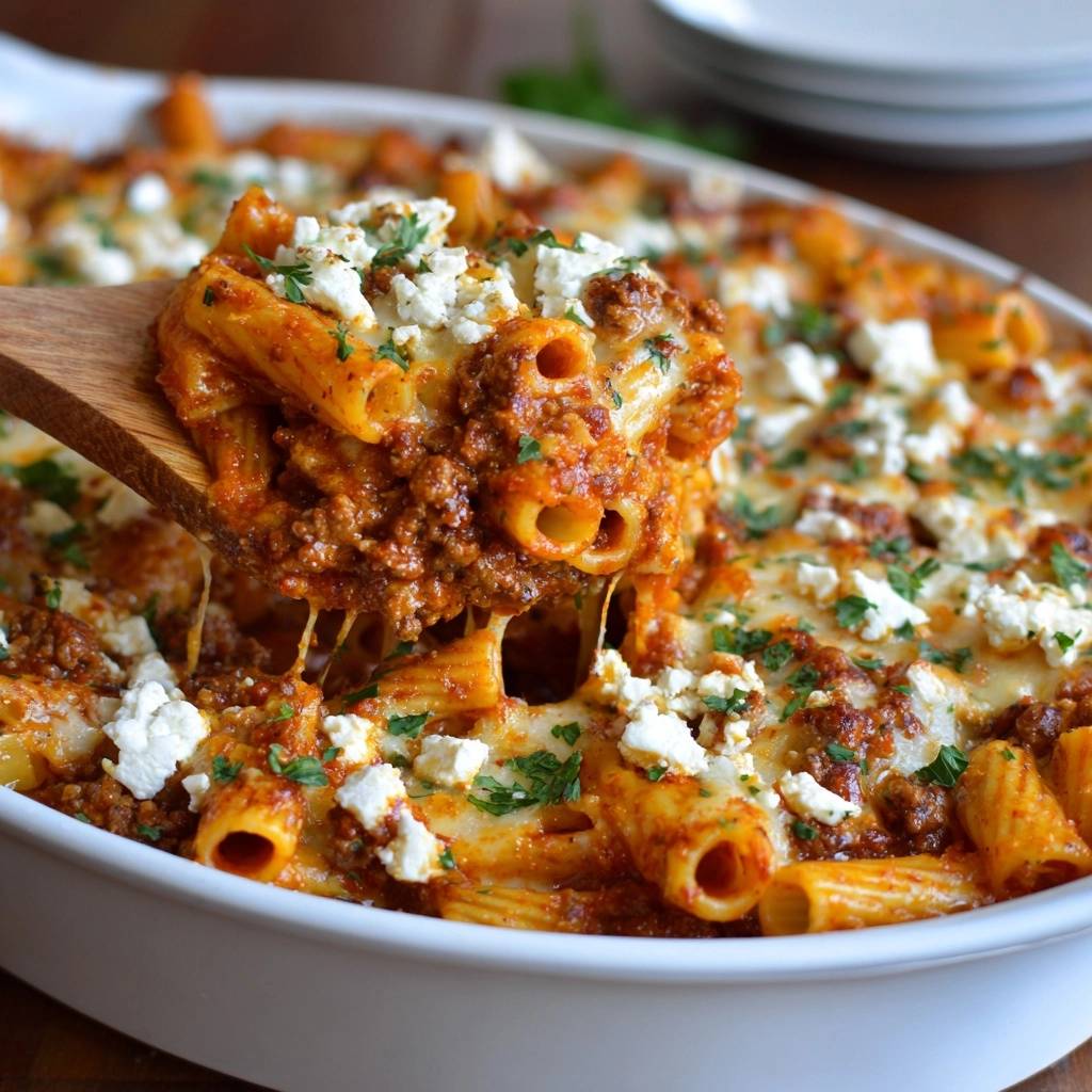 Herzhafter Rigatoni-Auflauf mit Hackfleisch und Käse, der mit einem Holzlöffel aus der Auflaufform gehoben wird.