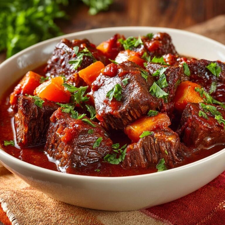 Zartes Rindergulasch mit Karotten als Nahaufnahme in einer Schüssel mit frischer Petersilie garniert