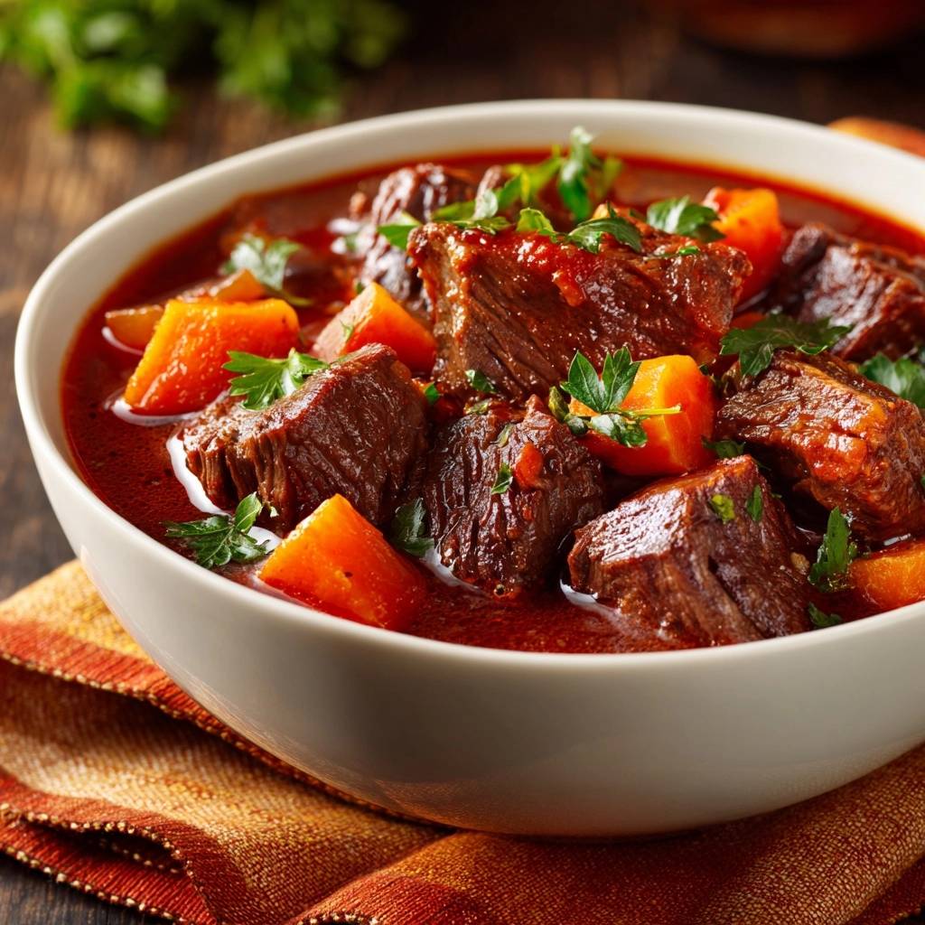 Zartes Rindergulasch mit Karotten, eine Nahaufnahme in einer weißen Schüssel mit frischer Petersilie garniert.